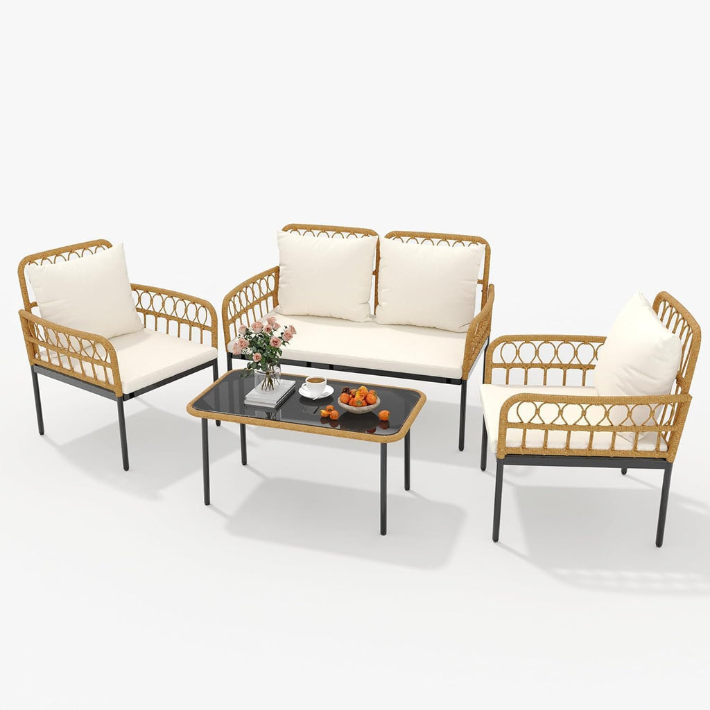 4-Piece All-Weather Rattan Bistro Patio Furniture Set with Deep Seating, Waterproof Thick Cushions, Soft Cushions, and Metal Coffee Table - Ideal for Garden and Porch Outdoor Relaxation