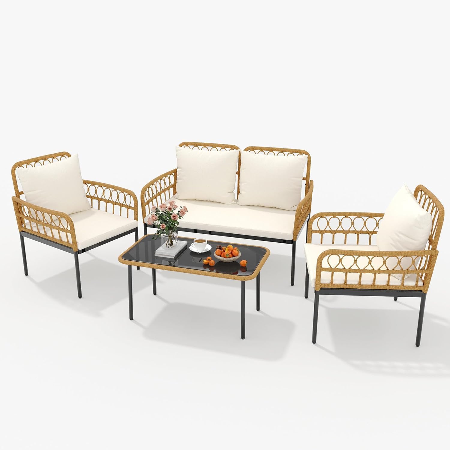 4-Piece All-Weather Rattan Bistro Patio Furniture Set with Deep Seating, Waterproof Thick Cushions, Soft Cushions, and Metal Coffee Table - Ideal for Garden and Porch Outdoor Relaxation
