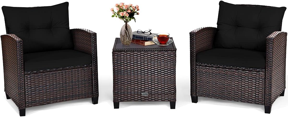Tangkula 3 Pieces Patio Furniture Set, PE Rattan Wicker 3 Pcs Outdoor Sofa Set w/Washable Cushion and Tempered Glass Tabletop, Conversation Furniture for Garden Poolside Balcony (Black)
