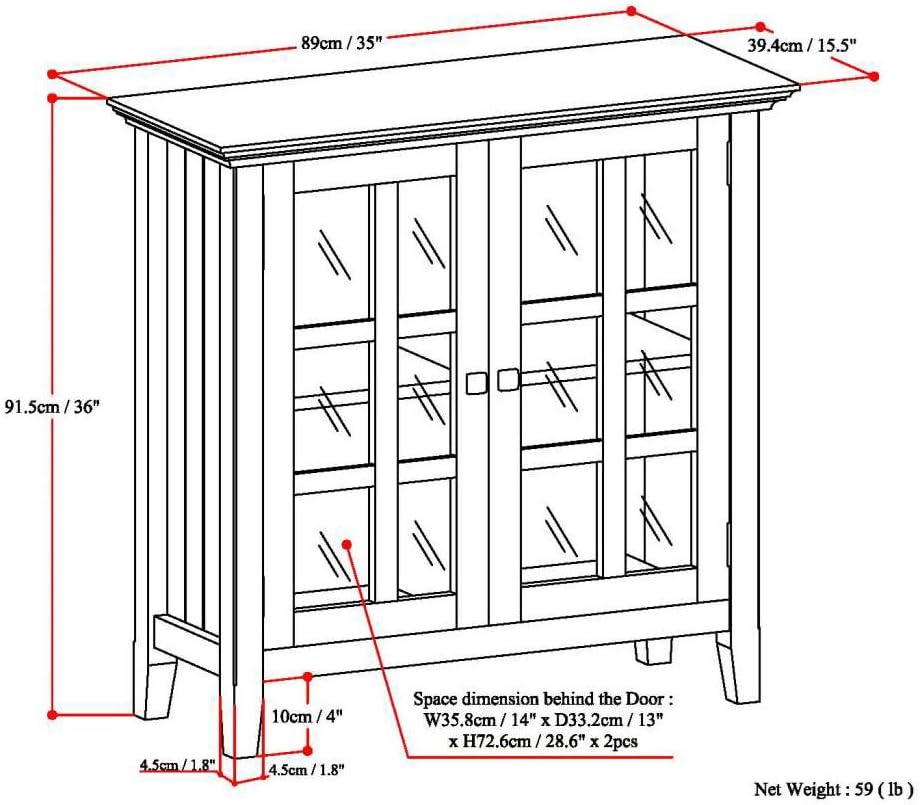 SIMPLIHOME Acadian Storage Cabinet - 35 inch Wide Solid Wood Low Storage Cabinet in Brunette Brown, Transitional Cabinet for Living Room or Entryway with Glass Doors and Adjustable Shelves