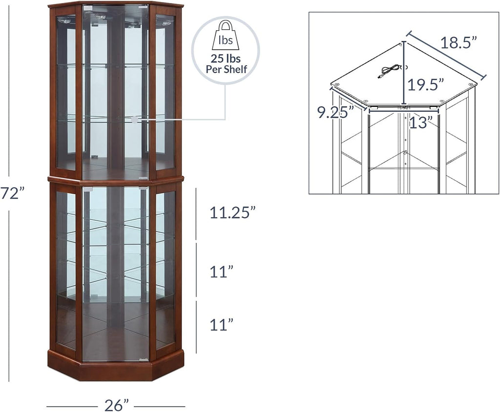 BELLEZE Lighted Corner Display Curio Cabinet,72' Tall Wooden Curved Shelving Unit with Tempered Glass Door, Bar and Liquor Storage Area with 6 Shelves - Ashfield (Walnut)