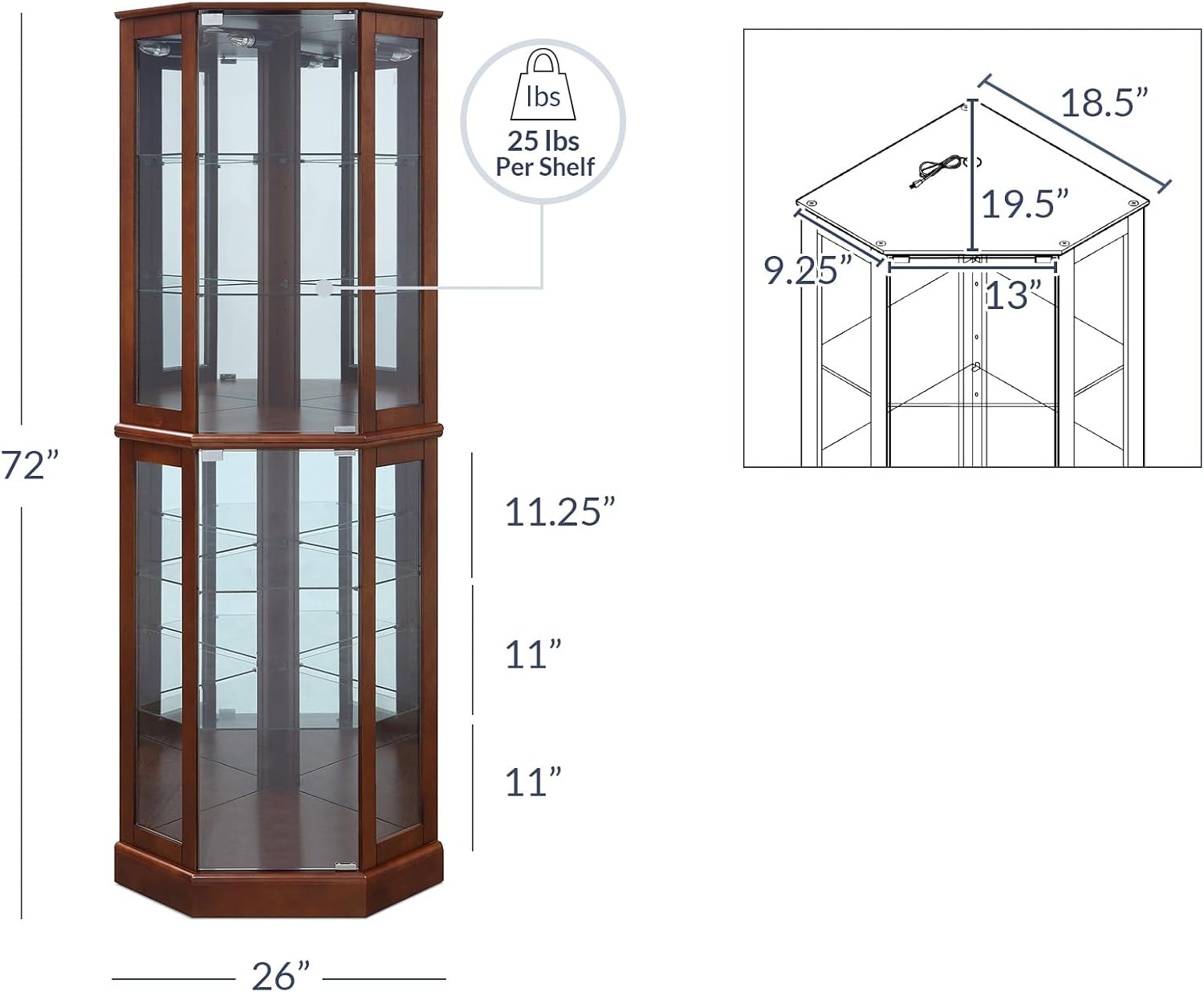 BELLEZE Lighted Corner Display Curio Cabinet,72' Tall Wooden Curved Shelving Unit with Tempered Glass Door, Bar and Liquor Storage Area with 6 Shelves - Ashfield (Walnut)