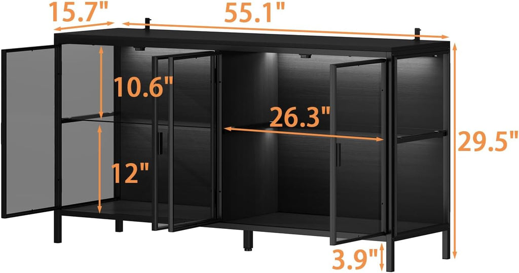 FUFU&GAGA Sideboard Buffet with LED Lights, Glass Doors, Modern Display Cabinet with Glass Shelves, Black Cupboard Credenza with Metal Legs, for Living Room Kitchen, 55.1'W x 15.7'D x 29.5'H