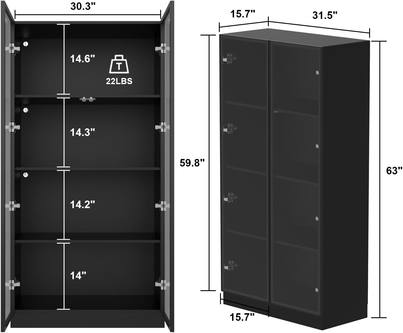 FUFU&GAGA Display Cabinet with Glass Doors and LED Lights, 63' Tall Bookshelf Glass Storage Cabinet with 4-Tier Shelves, Modern Bookcase for Living Room Office, Black, 31.5'W x 15.7'D x 63'H