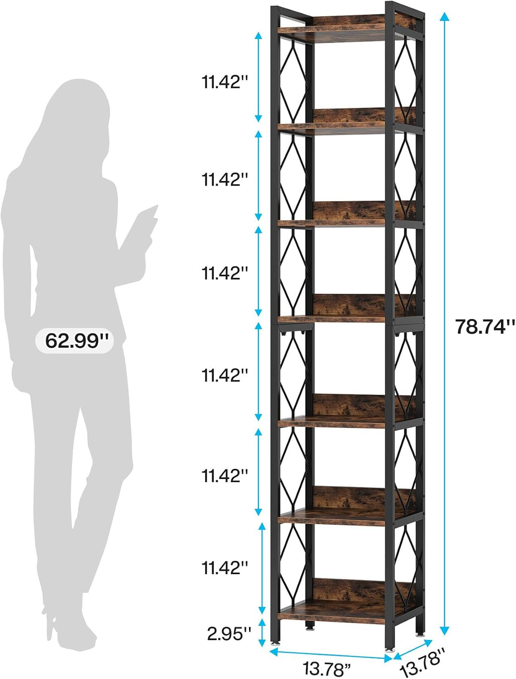 Tribesigns 78.7 Inch Extra Tall Narrow Bookshelf, 7 Tier Skinny Bookcase for Small Spaces, Freestanding Display Shelves, Multifunctional Corner Storage Organizer for Home Office, Rustic Brown