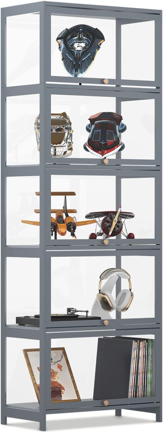 MoNiBloom 5-Tier Clear Display Case for Figures, 65.5' High Showcase Display Cabinet with Flip Acrylic Doors, Bamboo Tall Liquor Storage Cabinet Floor Standing Transparent Showcase for Entryway, Grey