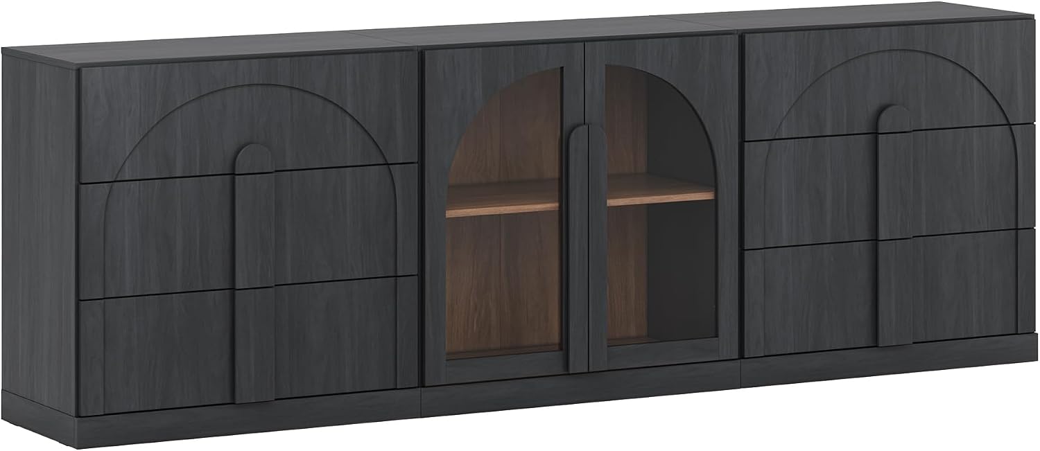 BELLEZE 3-Piece Sideboard Cabinet Set Freely Configurable, Modern Wood Modular Cabinet Contain 2 3-Drawer Storage and Display Glass Door, Accen Storage Console for Dining Room Living Room, Ebony