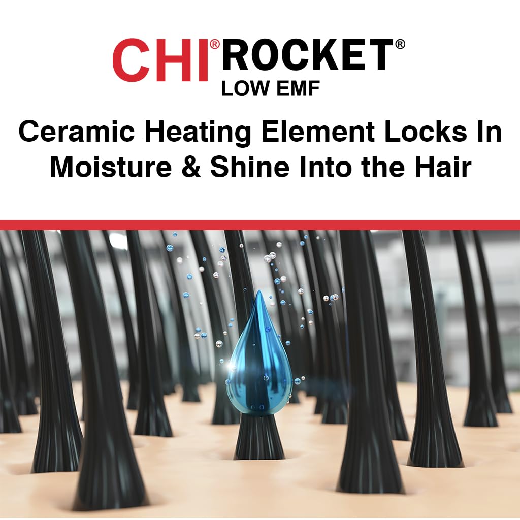 CHI Rocket Hair Dryer, Hair Dryer With Comb & Drying Nozzle Attachment, Quick-Drying For Shiny, Frizz-Free Hair, Lightweight & Low EMF