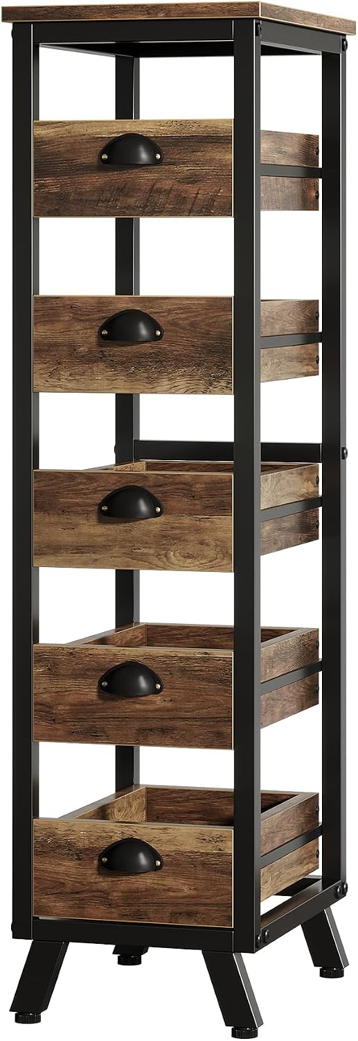 Tribesigns Wood Fruit and Vegetable Storage Rack, 5-Tier Narrow Snack Stand Kitchen Stand Fruit Basket, Pull-Out Utility Organizer for Kitchen, Living Room, Rustic Brown