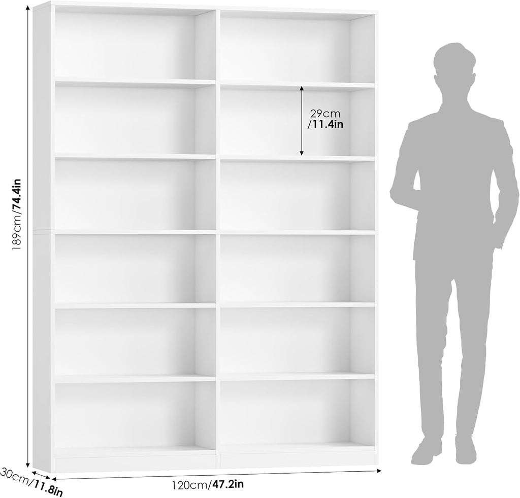 FACBOTALL Bookshelf and Bookcase, 6-Tier Double Wide Bookshelves,Freestanding Display Storage Shelves, Tall Bookcases for Home Decor Bedroom, Living Room, Home Office,White