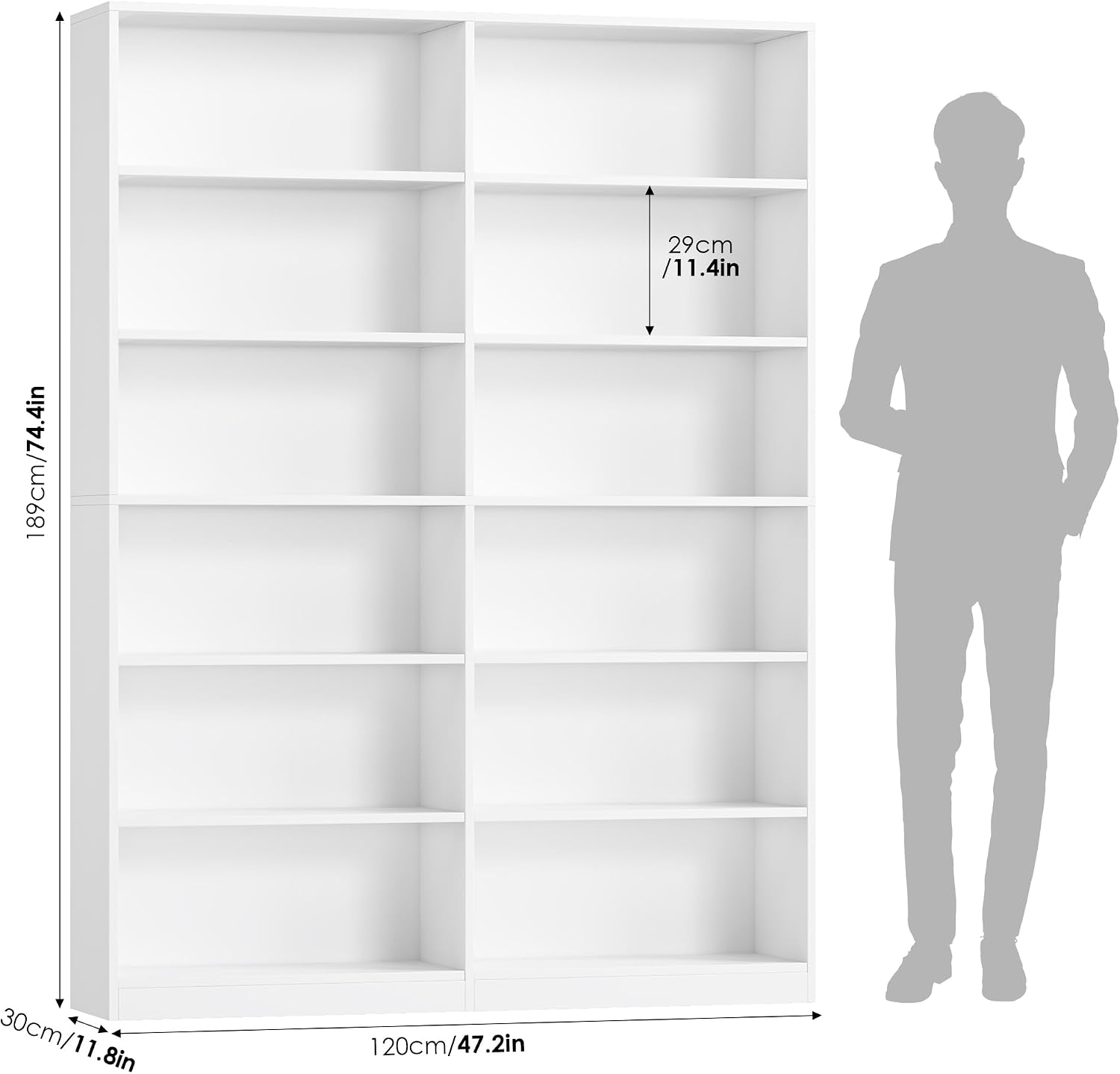 FACBOTALL Bookshelf and Bookcase, 6-Tier Double Wide Bookshelves,Freestanding Display Storage Shelves, Tall Bookcases for Home Decor Bedroom, Living Room, Home Office,White