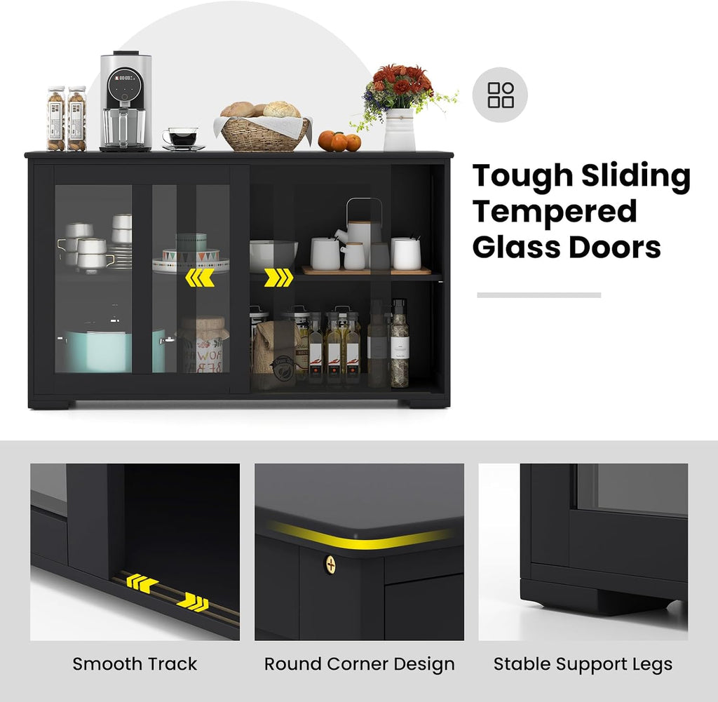 COSTWAY Buffet Sideboard with Storage, 2-Door Floor Cupboard with Sliding Tempered Glass Cabinet & Adjustable Shelf, Stackable Storage Cabinet for Kitchen, Entryway (Black)