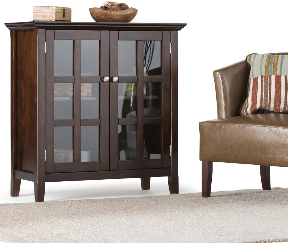 SIMPLIHOME Acadian Storage Cabinet - 35 inch Wide Solid Wood Low Storage Cabinet in Brunette Brown, Transitional Cabinet for Living Room or Entryway with Glass Doors and Adjustable Shelves