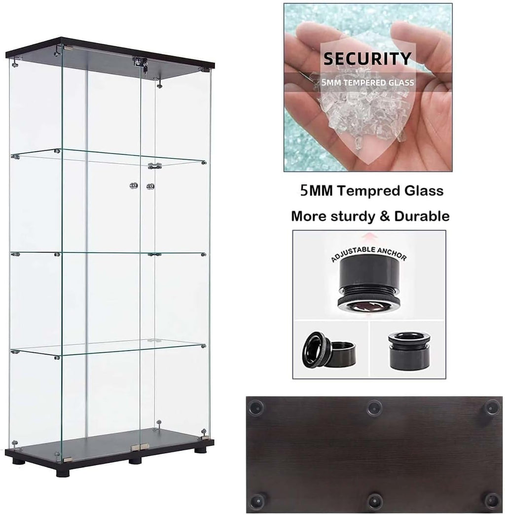 APRILSOUL Glass Display Cabinet 4-Shelf with Double Door, Curio Display Cabinet with 5mm Tempered Glass, Floor Standing Bookshelf for Bedroom, Living Room, 64 x 31.7 x 14.3 in, Black