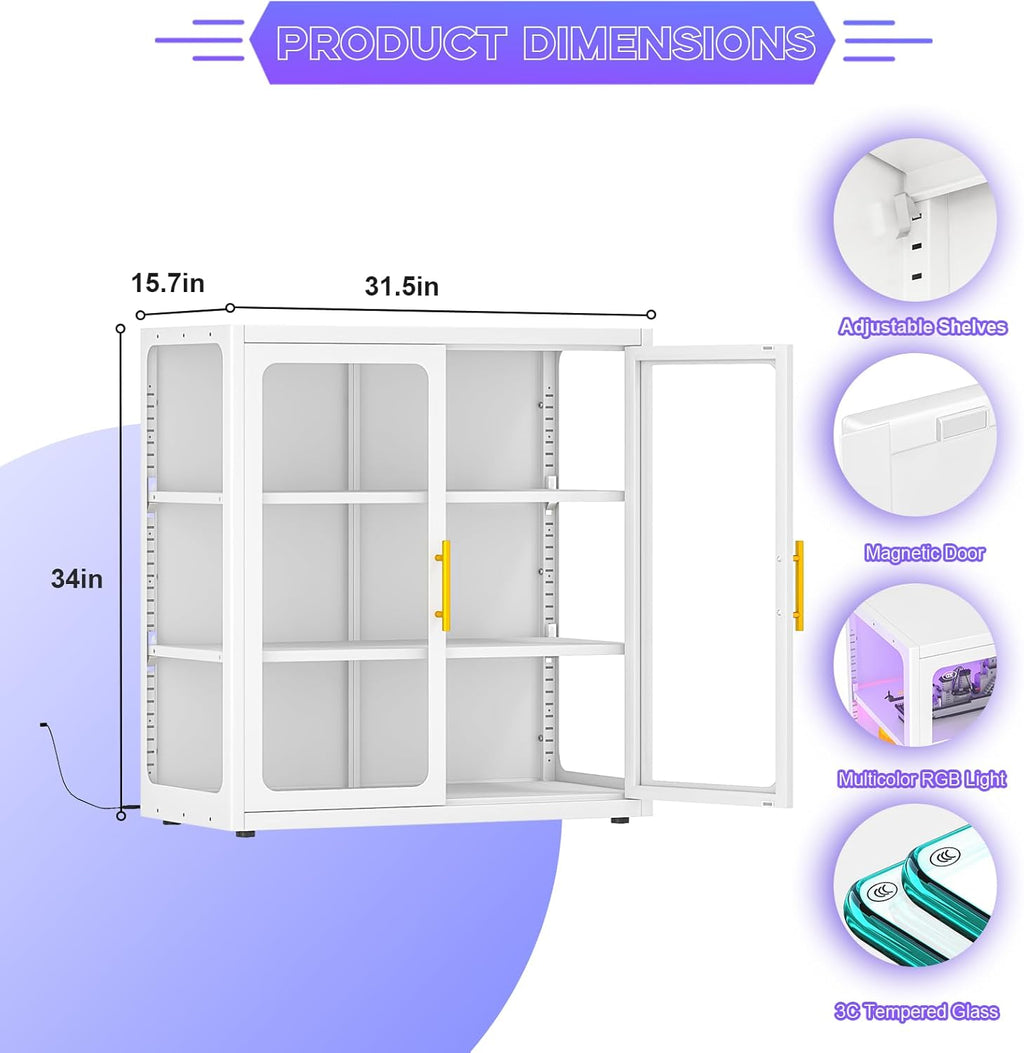 pozdeg Display Cabinet with Glass Door, 34' Curio Cabinet with RGB Lights and 2 Adjustable Shelves, Glass Display Case for Collectibles, Toys, Books, Figures, Exhibit (White)
