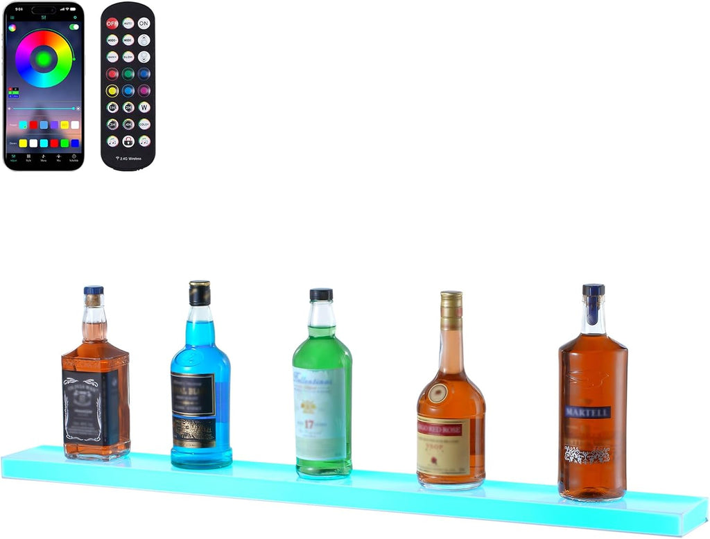 VEVOR LED Lighted Liquor Bottle Display, 1 Tier 40 Inch Wall Mounted Whiskey Rack Stand, 1 Step Commercial Illuminated Home Bar Shelf, Acrylic Drinks Light Shelves with RF Remote & App Control