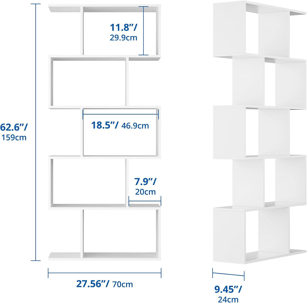 Cozy Castle Set of 2 Geometric Bookcase, S-Shaped Modern Bookshelf, Room Divider Bookshelf, 62' Tall Unique Abstract Bookcase with 5-Tier Display Shelf for Living Room Office, White