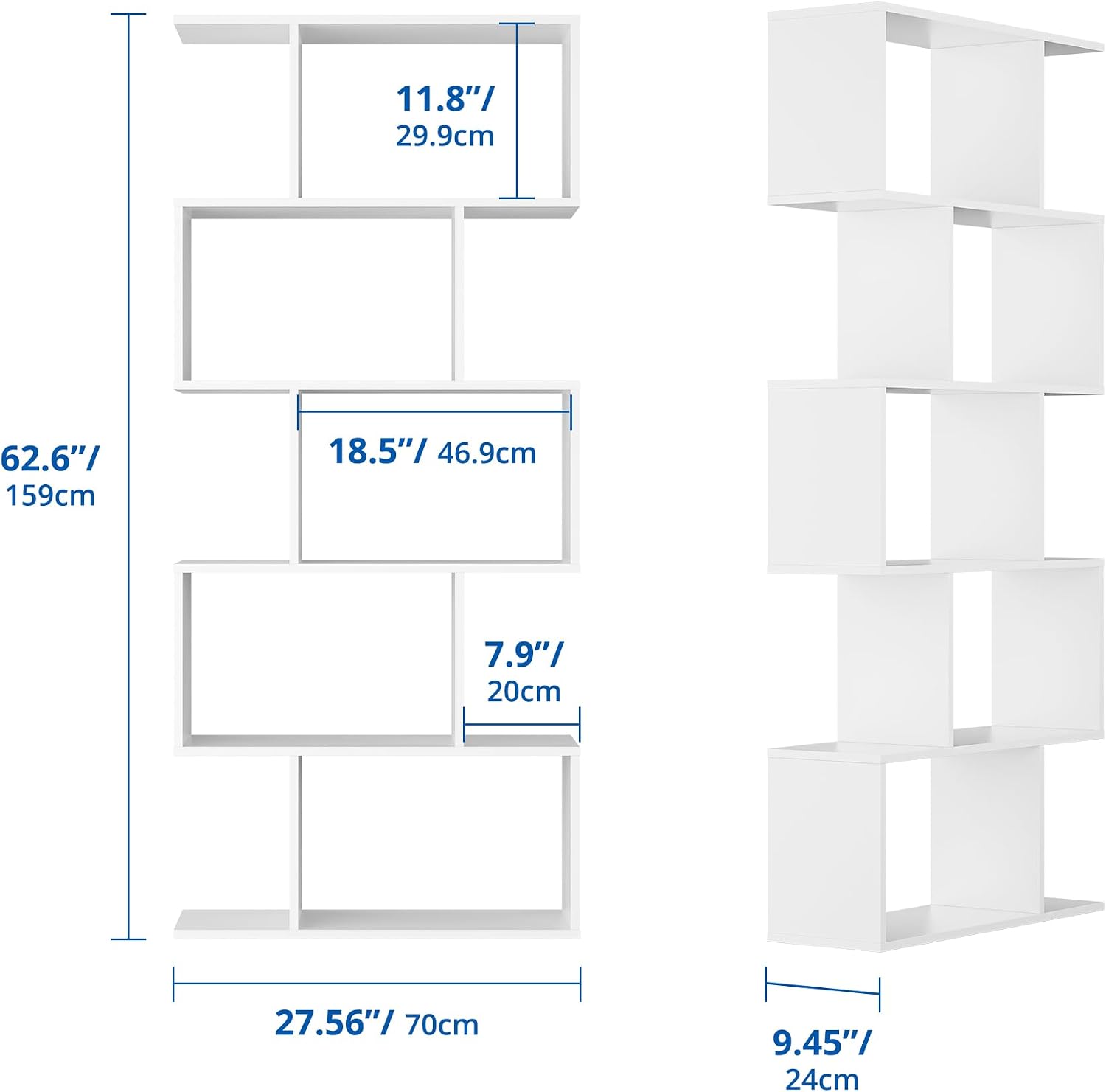 Cozy Castle Set of 2 Geometric Bookcase, S-Shaped Modern Bookshelf, Room Divider Bookshelf, 62' Tall Unique Abstract Bookcase with 5-Tier Display Shelf for Living Room Office, White