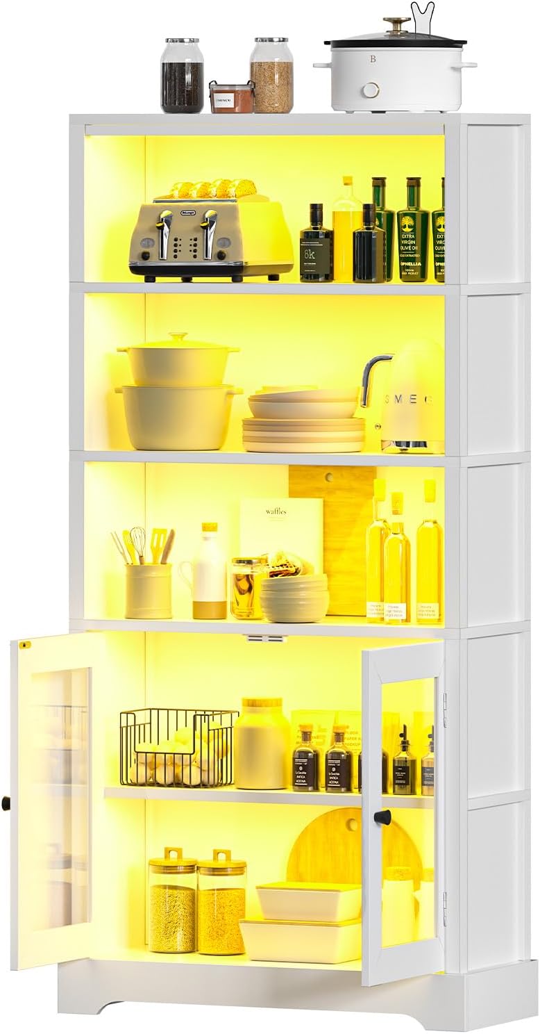 TVU 5-Tier Bookshelf, 65' Bookshelf with Multi-Color Ambient Lights (APP Remote Control), Tall Vertical Display Shelf with Cabinet Doors, Suitable for Living Room, Bedroom, Study, Office, White
