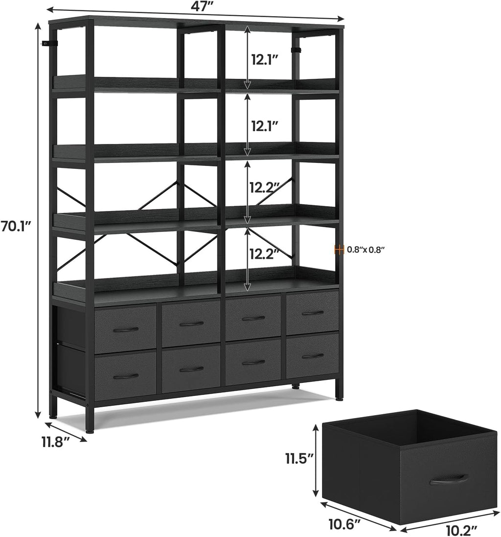 HAUOMS Bookshelf with 8 Fabric Drawers, 7-Tier Bookcase with Baffles Display Shelves, Industrial Large Book Shelf for Living Room Home Office, Black