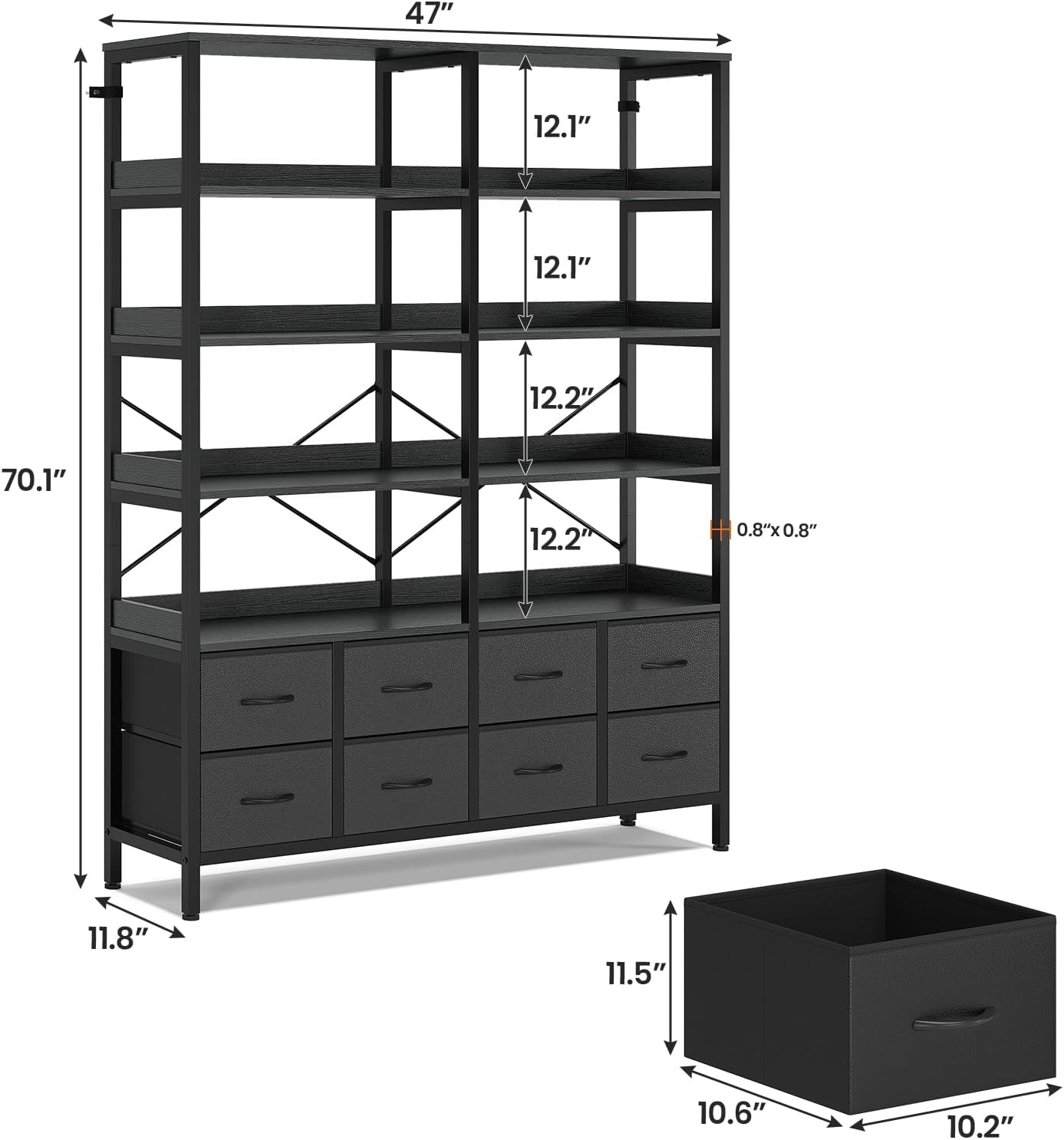 HAUOMS Bookshelf with 8 Fabric Drawers, 7-Tier Bookcase with Baffles Display Shelves, Industrial Large Book Shelf for Living Room Home Office, Black