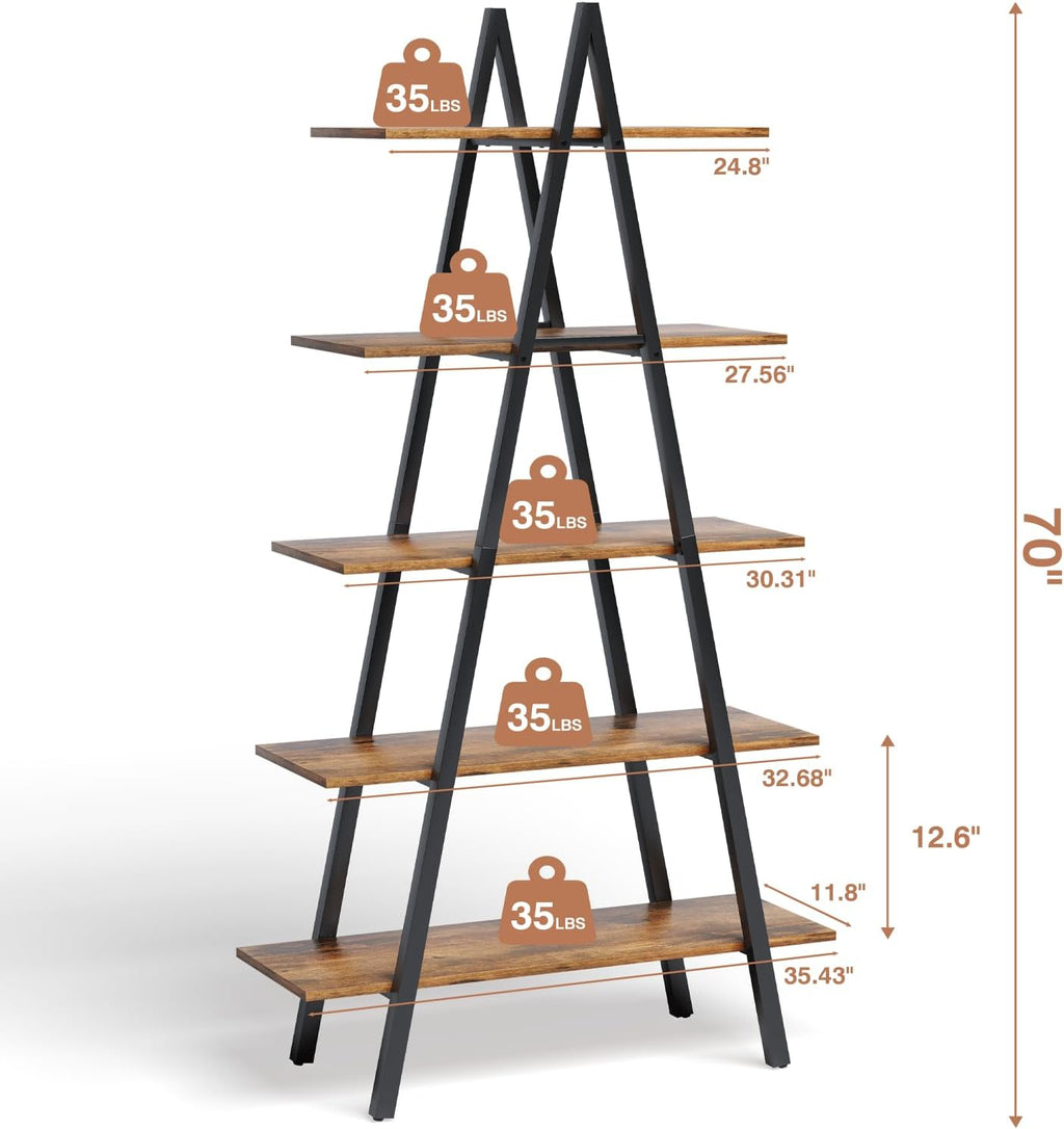 YOUDENOVA 5-Tier Ladder Bookshelf, Industrial A-Shaped Bookcase, Christmas Village Display Stand, Tall Ladder Shelf Storage Organizer for Living Room, Home Office, Dark Black