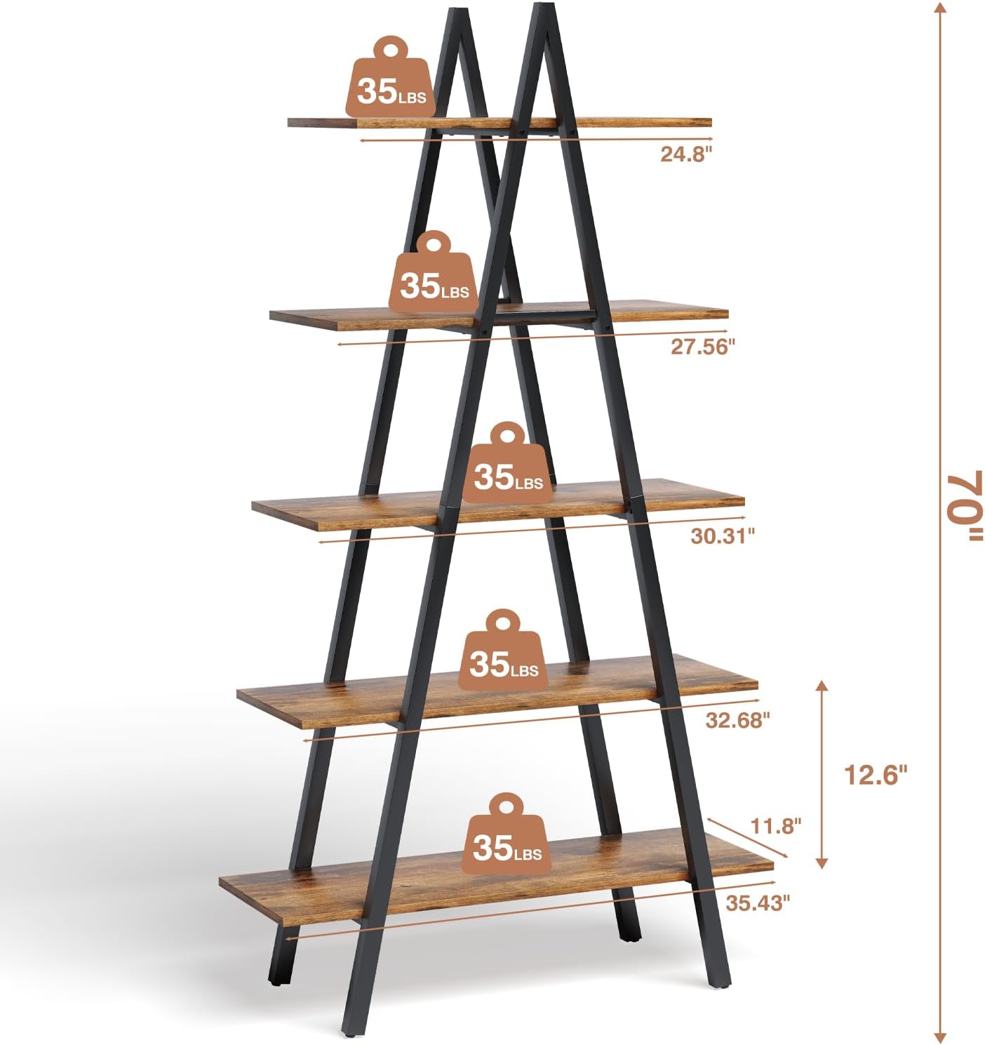 YOUDENOVA 5-Tier Ladder Bookshelf, Industrial A-Shaped Bookcase, Christmas Village Display Stand, Tall Ladder Shelf Storage Organizer for Living Room, Home Office, Dark Black
