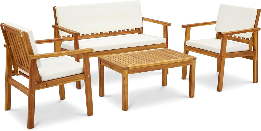Devoko Patio Furniture 4 Piece Acacia Wood Outdoor Conversation Sofa Set with Table & Cushions Porch Chairs for Garden, Deck, Backyard, Natural