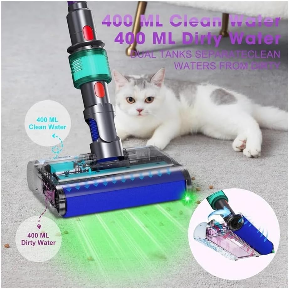 Brush Head Compatible with Dyson V7 V8 V10 V11 V15 Vacuum Cleaner, Electric Floor Mop with Clean and Dirty Water Tank for Carpets