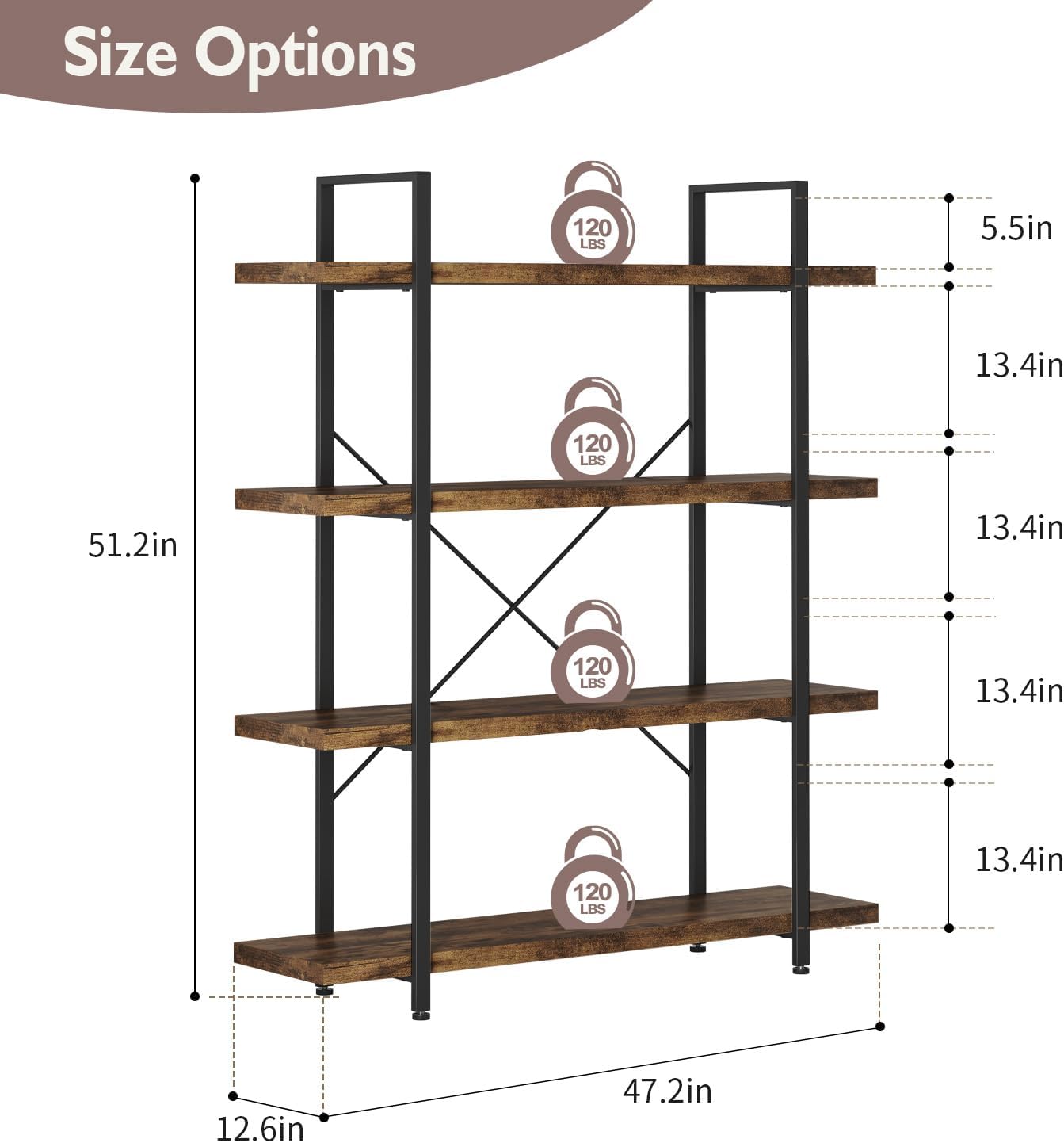 4 Tier Book Shelf, 47'' Wide Wood Industrial Bookshelf, 120lbs Shelf Capacity, Open Storage Shelves, 55'' Tall Heavy Duty Display Shelving, Rustic Brown Bookcase for Bedroom,Living Room,Office -2Pcs