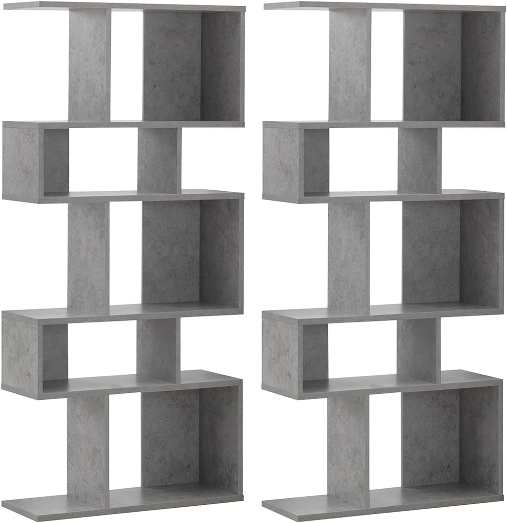Giantex 5-Tier Geometric Bookshelf Set of 2, 70'' Tall Wood Freestanding Decorative Display Open Shelves with Anti-Tipping Device, Each Shelf Holds up to 44 lbs, Wooden S Shaped Bookcase, Gray