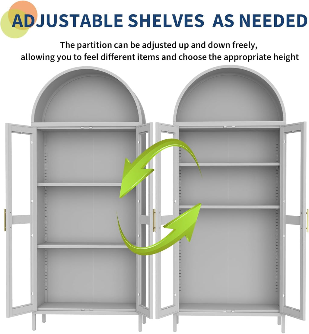 GarveeHome Modern Arched Metal Cabinet with Glass Doors & 2 Adjustable Shelves, 31'x15'x73'，Freestanding Pantry Storage for Kitchen/Dining/Living Room – Contemporary Display Organizer, White