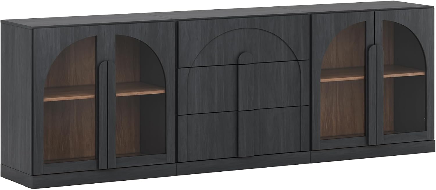 BELLEZE 3-Piece Modular Sideboard Cabinet Freely Configurable, Modern Wood Buffet Cabinet Contain 2 Arched Cabinets and a 3-Drawer Storage, Media Console Credenza for Living Room Kitchen, Ebony