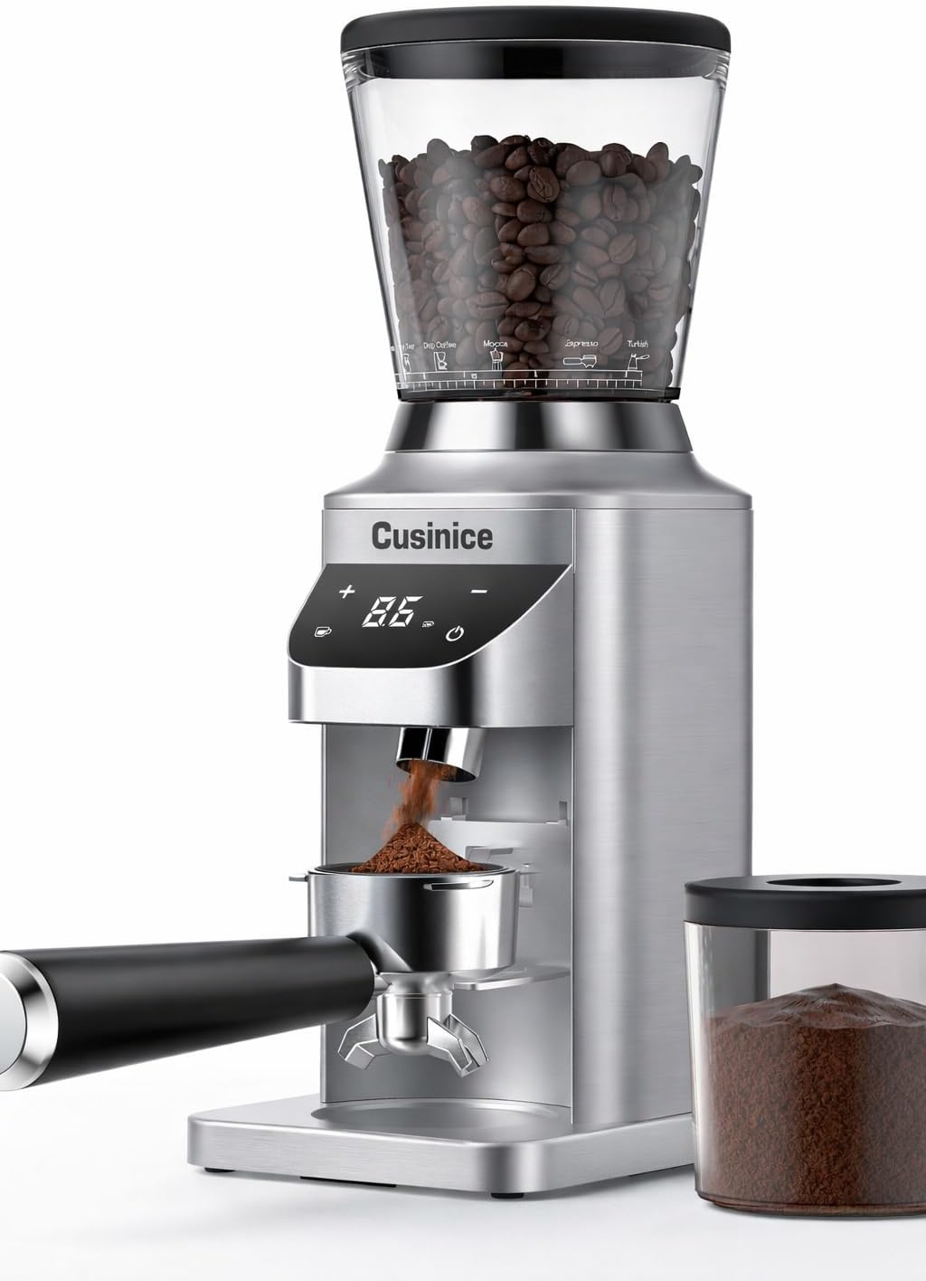 Espresso Coffee Grinder - 48 Precise Grind Settings, Anti-Static 40mm Stainless Steel Burr, 0.1s Electronic Timer, 11.3oz Bean Hopper, Conical Burr Coffee Grinder for Home Use Brushed Silver