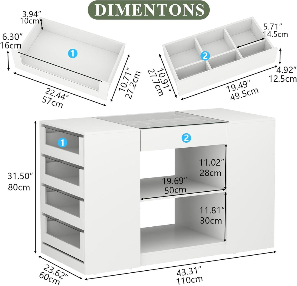 Gyfimoie Closet Island with Drawers, Armoire Wardrobe Closet with LED Lights White Dresser Walk-in Closets with Glass Top for Bedroom & Cloakroom