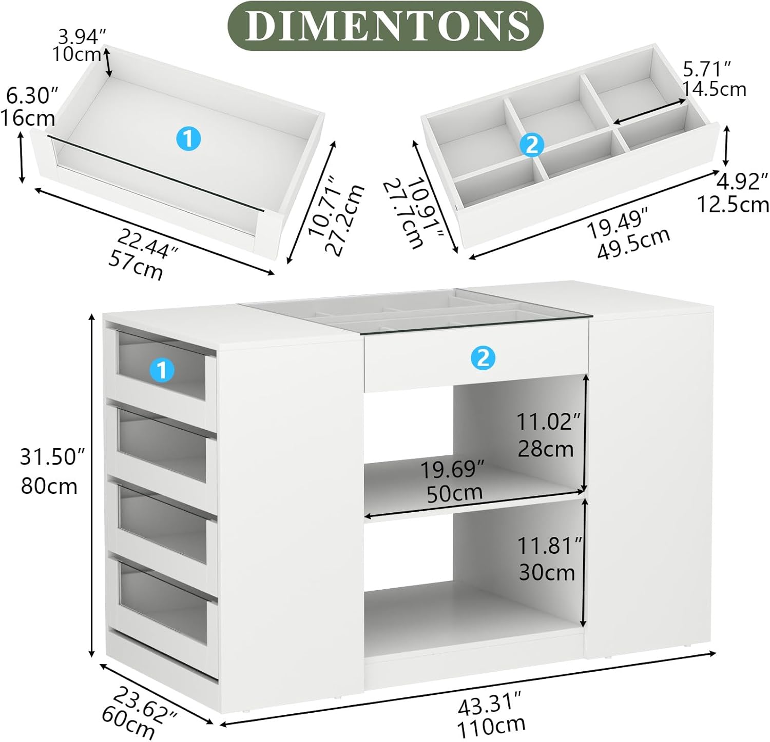 Gyfimoie Closet Island with Drawers, Armoire Wardrobe Closet with LED Lights White Dresser Walk-in Closets with Glass Top for Bedroom & Cloakroom