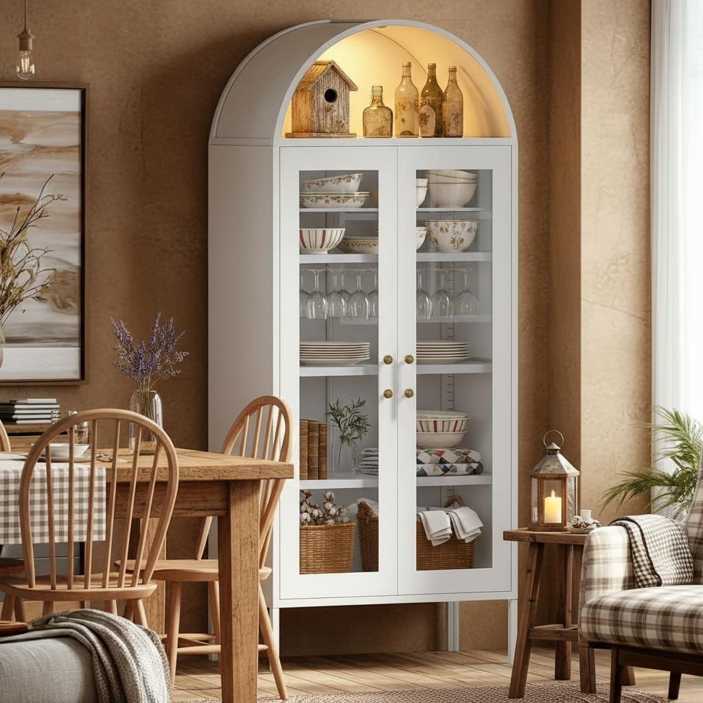 DWVO Arched Display Cabinet with Glass Doors, 71' Tall Storage Organizer Cabinet with Adjustable Shelves, Curio Cabinet with LED Lights, 5 Tier Bookcase for Collectibles Living Room Office, White