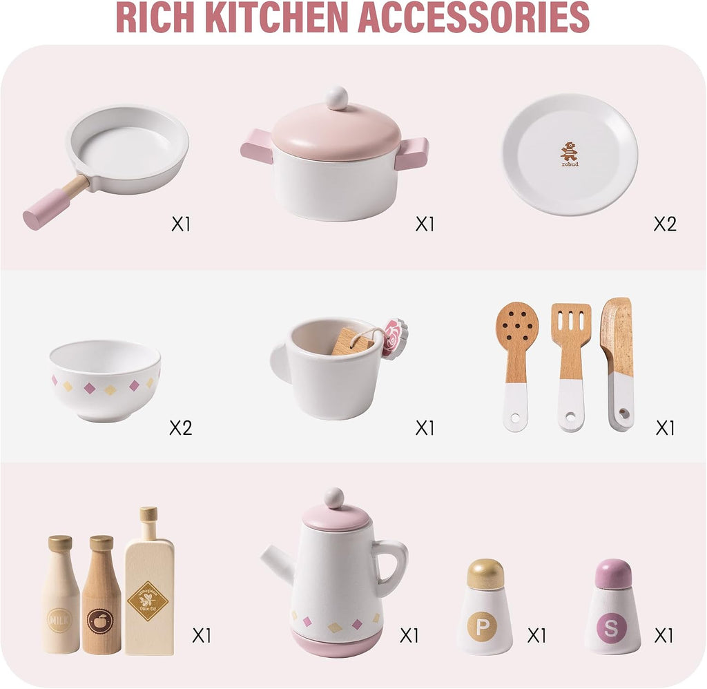 ROBUD Play Kitchen for Kids Toddlers, Wooden Play Kitchen with Realistic Accessories, Toy Kitchen Set with Plenty of Play Features, Modern Style Toy Kitchen for Girls & Boys, Gift for Ages 3+, Pink