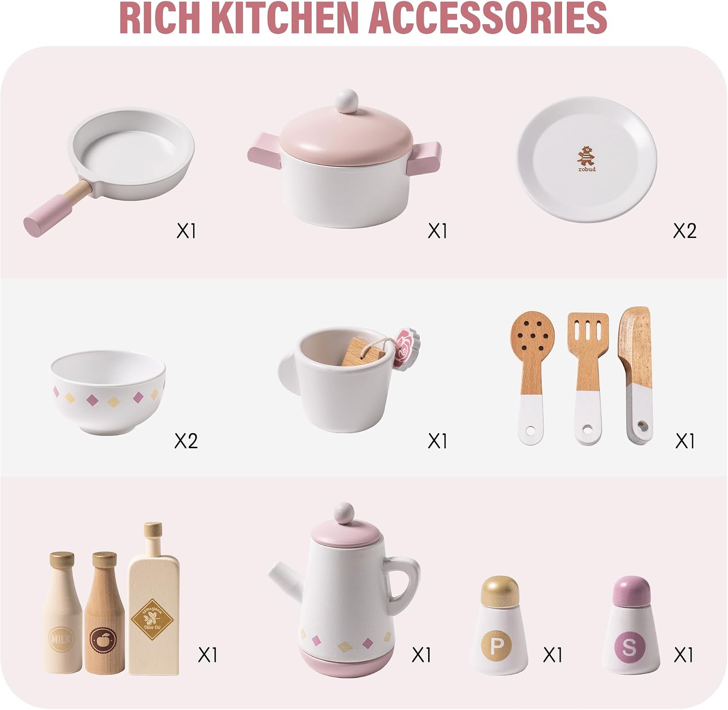 ROBUD Play Kitchen for Kids Toddlers, Wooden Play Kitchen with Realistic Accessories, Toy Kitchen Set with Plenty of Play Features, Modern Style Toy Kitchen for Girls & Boys, Gift for Ages 3+, Pink