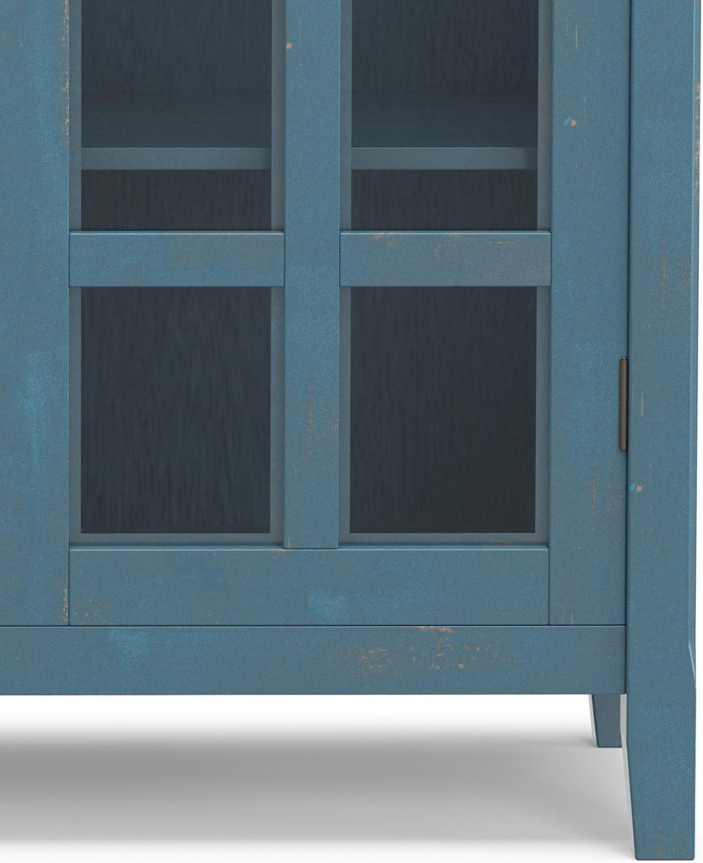 SIMPLIHOME Acadian Storage Cabinet - 39 inch Wide Solid Wood 6-Shelf Medium Storage Cabinet in Distressed Coastal Blue, Transitional Cabinet with Glass Doors for Living Room with Adjustable Shelves