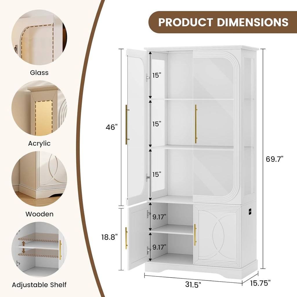 Lareth Display Cabinet with Glass Doors, 69 in Tall Bookcase with LED Lights, Glass Display Case Kitchen Pantry Cabinet, 5 Tier Curio Storage Cabinet for Living Room, Home Office, White