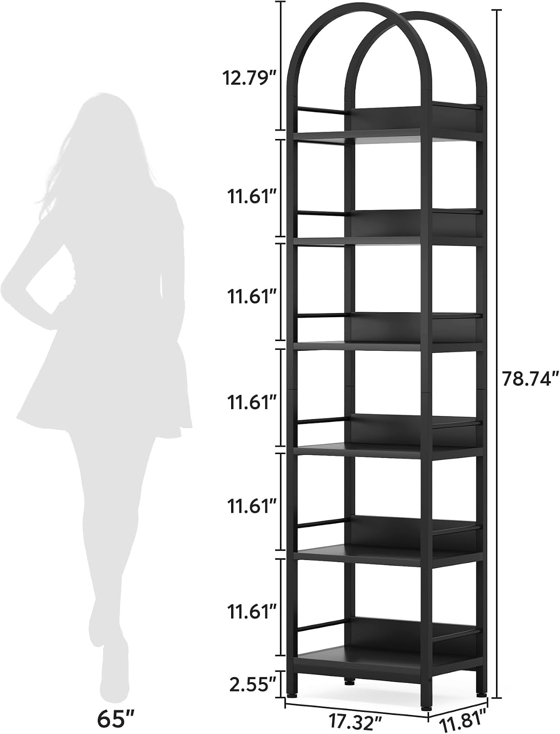 Tribesigns 6-Tier Open Bookshelf, 78.7' Tall Arched Bookcase Narrow Bookshelf with Metal Frame, Freestanding Corner Bookcase Display Shelves for Living Room, Home Office, Black
