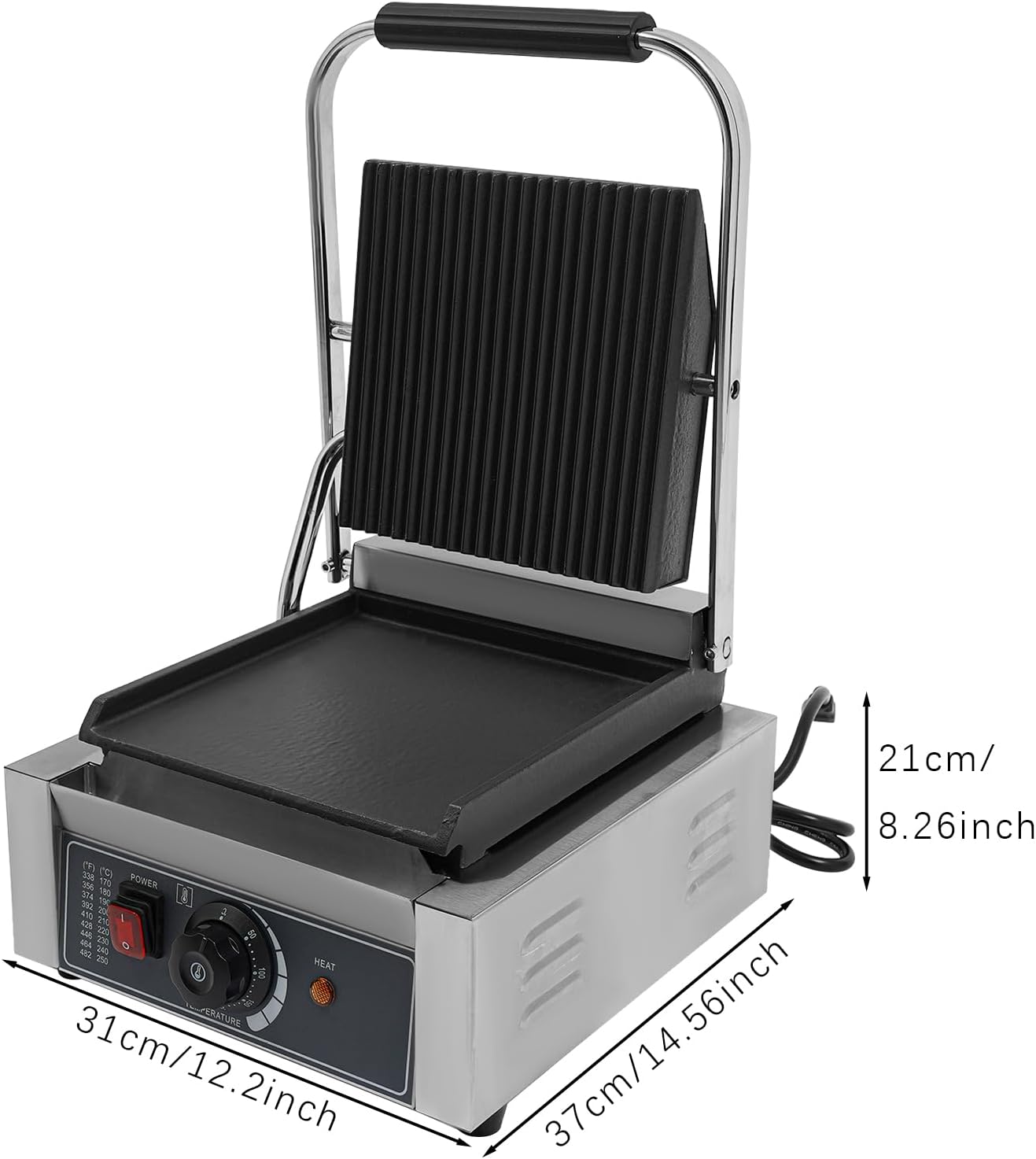Commercial Panini Sandwich Contact Grill, 1800W Electric Sandwich Panini Maker, 8.8' x 9.2' Cast Iron Panini Press with Grooved Plates & Temp Control, for Hamburgers, Chicken, Beef