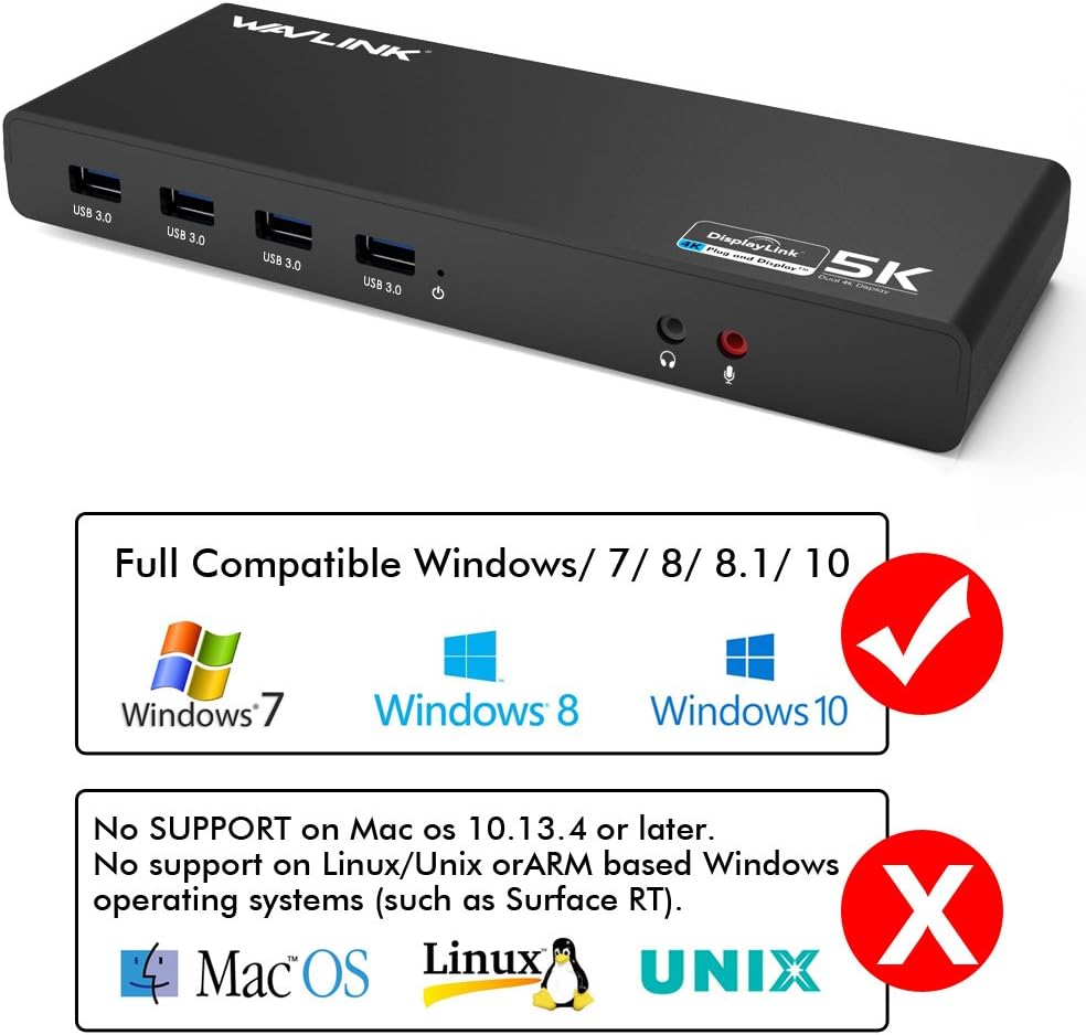 DisplayLink Universal Docking Station,WAVLINK 15-in-1 USB C Ultra 5K Dual 4K HD Multiple Display Dock with 2xHDMI/DP,Gigabit Ethernet,6xUSB 3.0,Type C,Audio,Mic,for New MacBook Neo,Windows,Mac