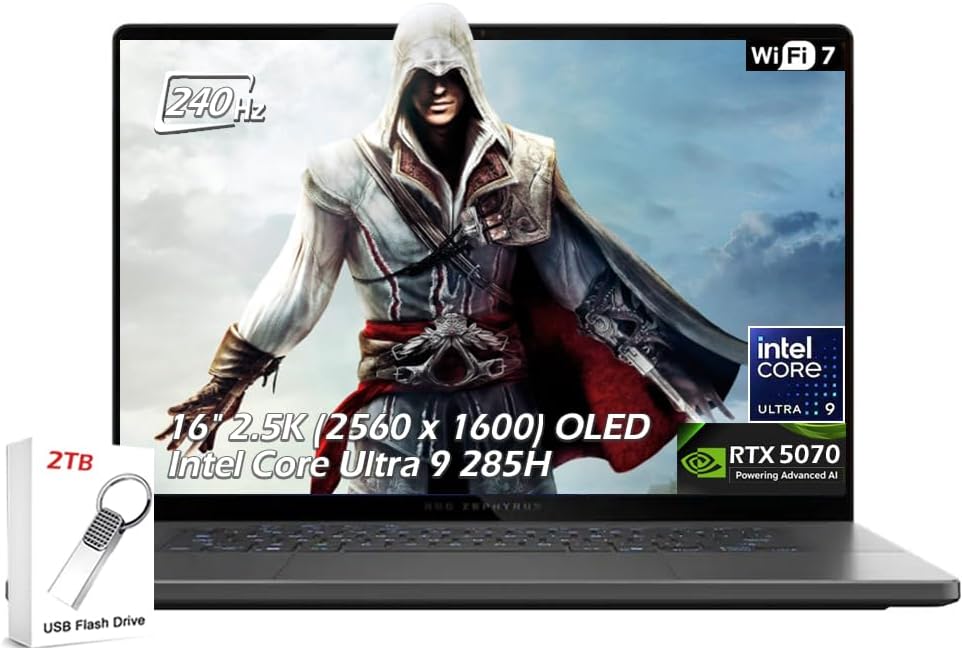 ASUS ROG Zephyrus G16 16' 2.5K OLED 240Hz Gaming Laptop, Intel Core Ultra 9 285H, RTX 5070 8GB, 16GB LPDDR5X 2TB SSD, Thunderbolt4, Wi-Fi7, Backlit KB, Win11, Eclipse Gray, w/2TB USB Drive, W/GaLiMu