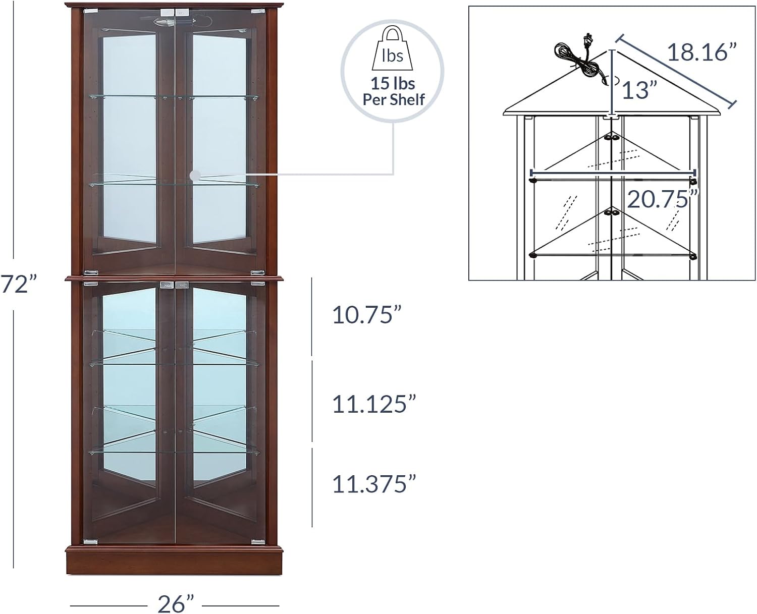 BELLEZE Lighted Corner Display Curio Cabinet Wooden Shelving Unit with Tempered Glass Door, Bar and Liquor Storage Area with 6 Shelves - Woody (Walnut)