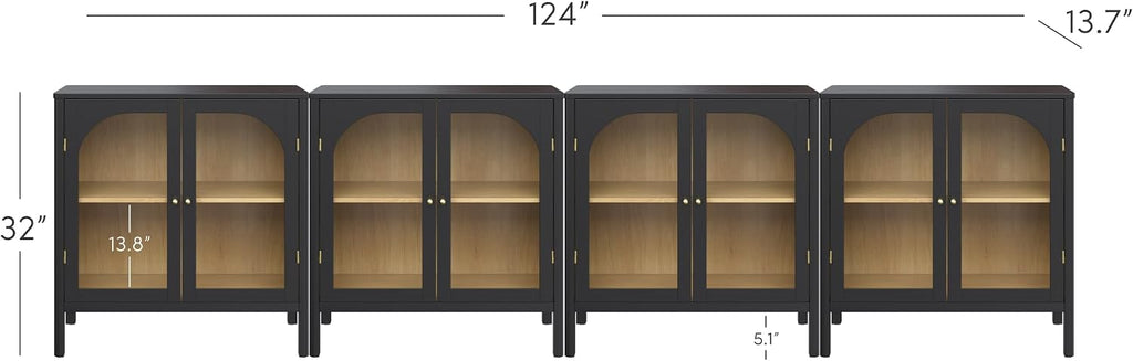 Nathan James Mason Storage Cabinet Accent Sideboard Buffet Credenza TV Stand with Glass Doors and Adjustable Shelf in Black Wood for Dining Room, Entryway and Living Room, Clear Glass/Black, Set of 4