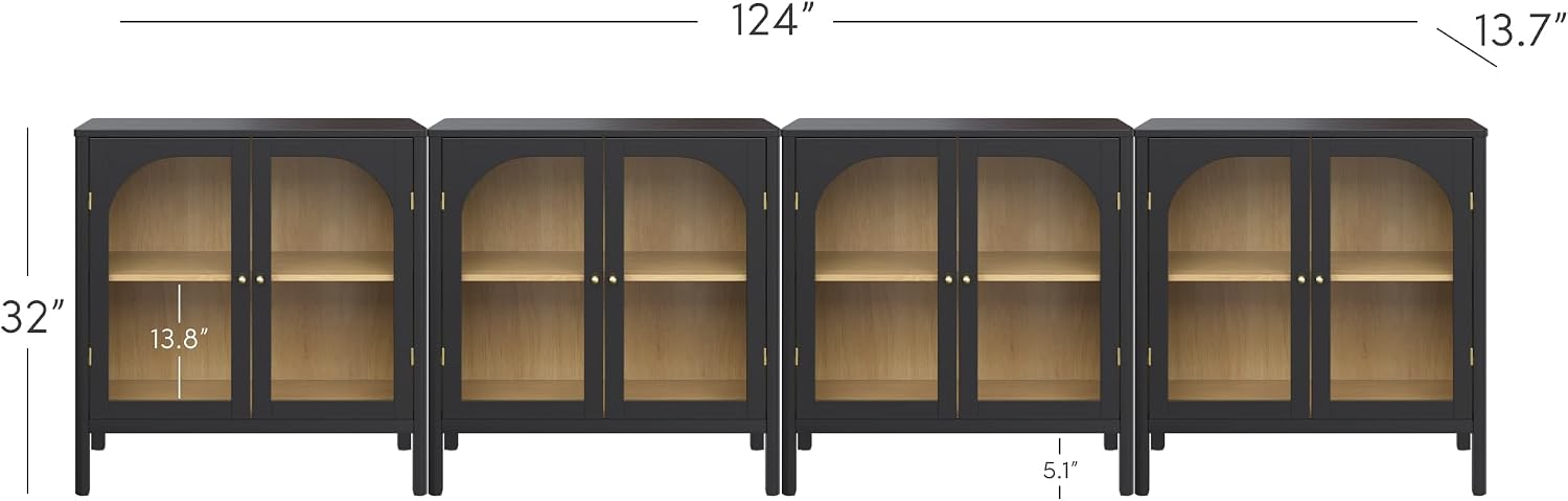 Nathan James Mason Storage Cabinet Accent Sideboard Buffet Credenza TV Stand with Glass Doors and Adjustable Shelf in Black Wood for Dining Room, Entryway and Living Room, Clear Glass/Black, Set of 4