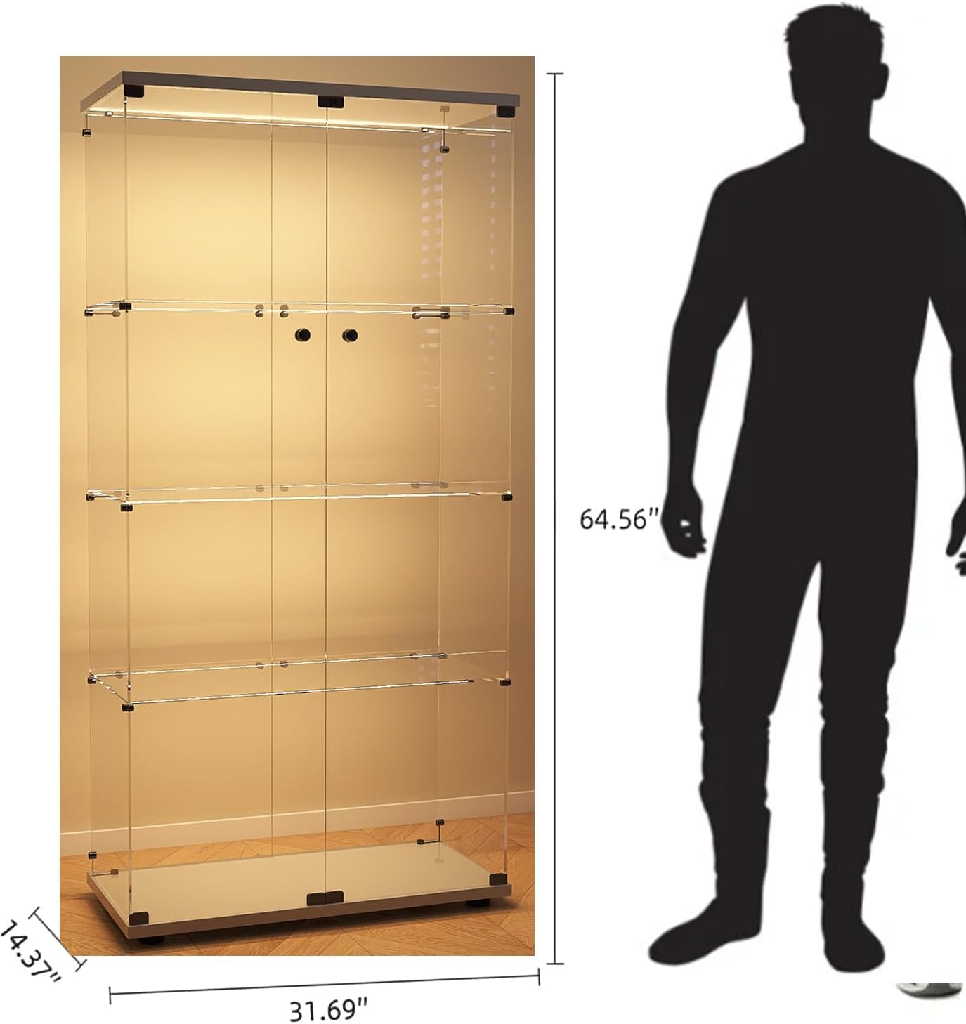 Modern 4-Tier Glass Display Shelf with 2 Doors, Curio Cabinet Collection - Floor Standing Display Case for Living Room, Bedroom, Home Office - 30' W x 14.5' D x 64' H (White with LED Light Strip)