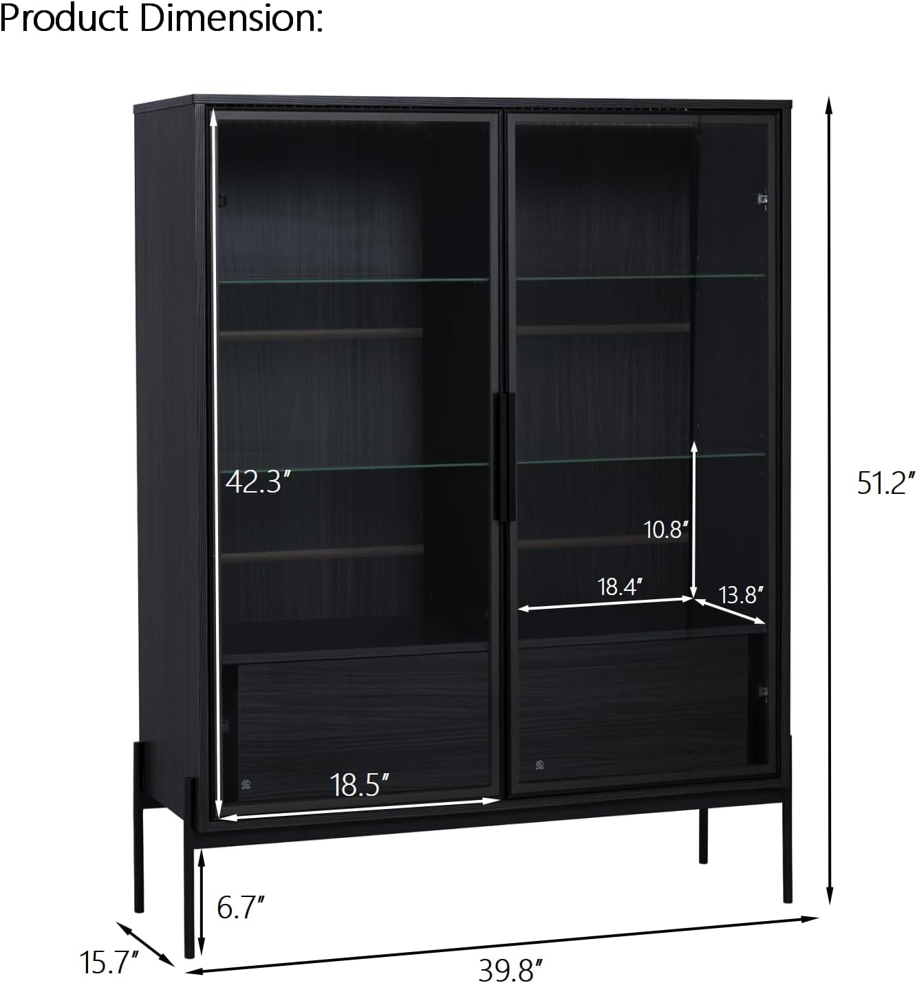 Merax 4 Tier Bookshelf Black Bookcase with Glass Door & 2 Drawers, 51.2' Tall Wood Display Cabinet with Metal Legs for Living Room, Bedroom, Office (Black)